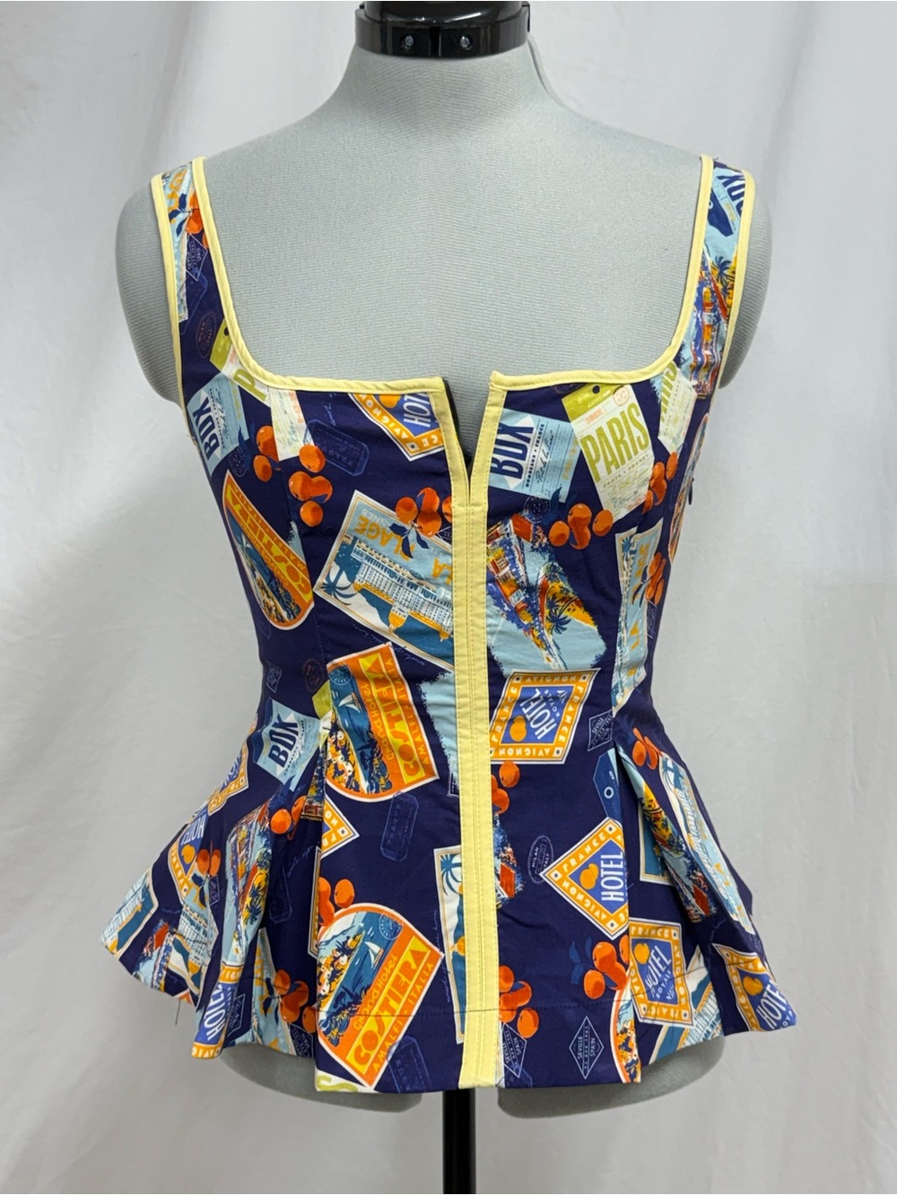 Maeve Anthropologie Navy Travel-Print Postcards Peplum Stretch Sleeveless Top
